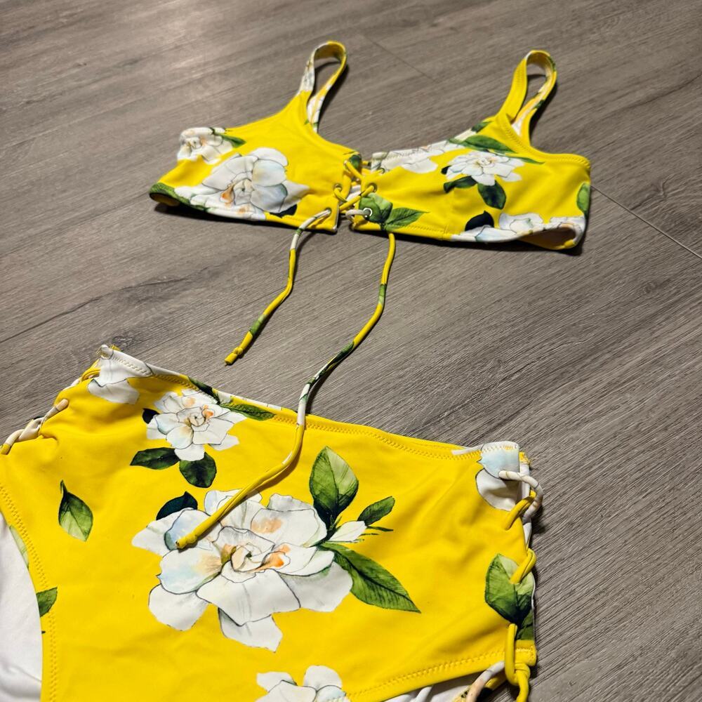 Cupshe Floral High Waist Lace-Up Bikini Set Yellow White Flowers Size M